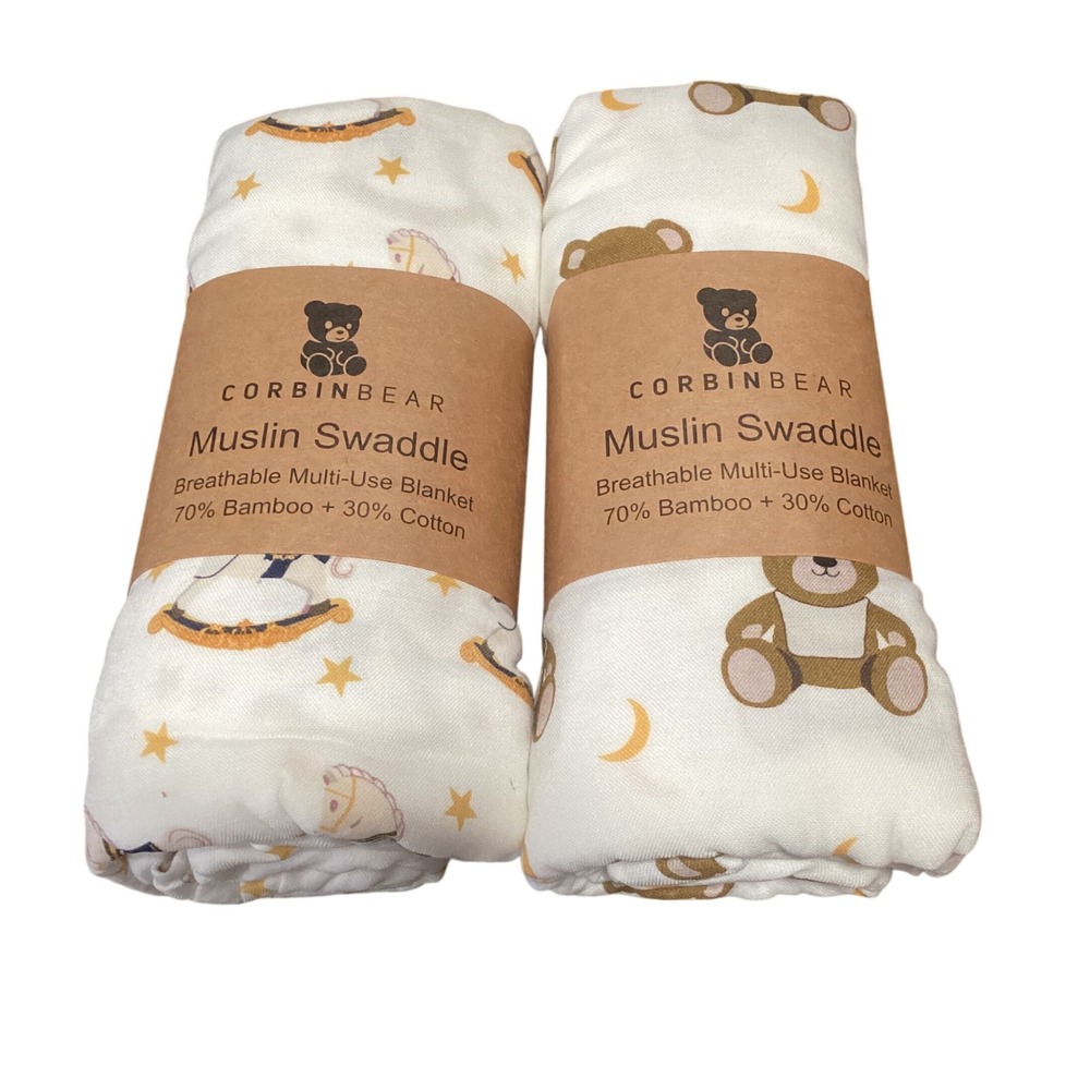 Corbin Bear Muslin Swaddle 2 Pack Bamboo Cotton Bear Rocking Horse White Yellow
